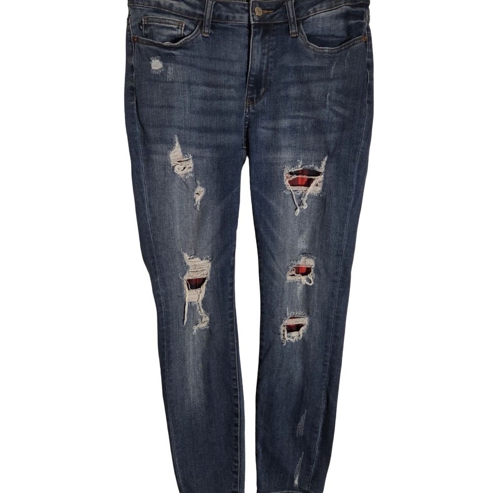 Judy Blue Skinny Jeans Womens 9/29 Medium Wash Distressed Stretch Plaid Patch...